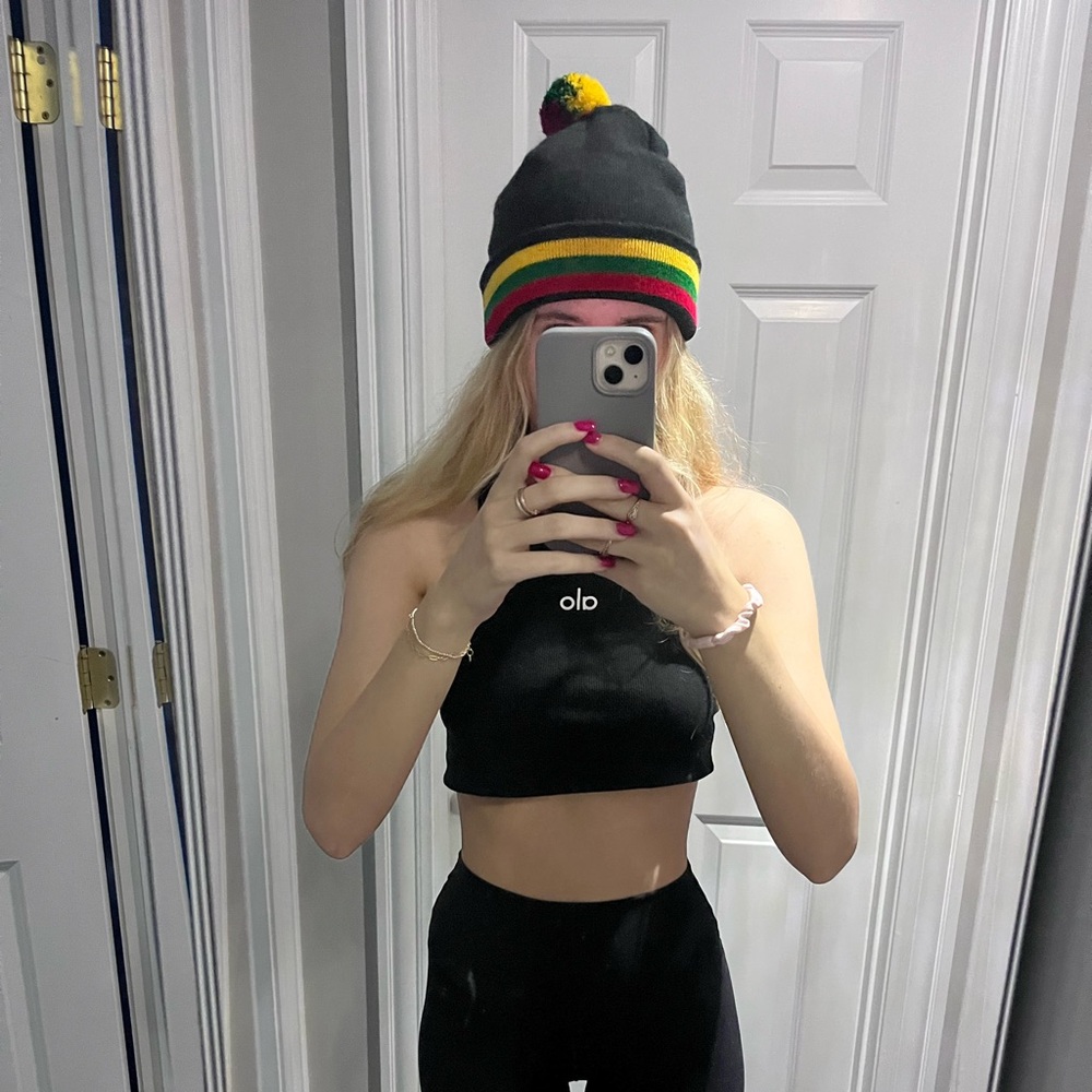 Lithuanian red, green, yellow strip unisex Beanie with Pom-Pom - Picture 5 of 5